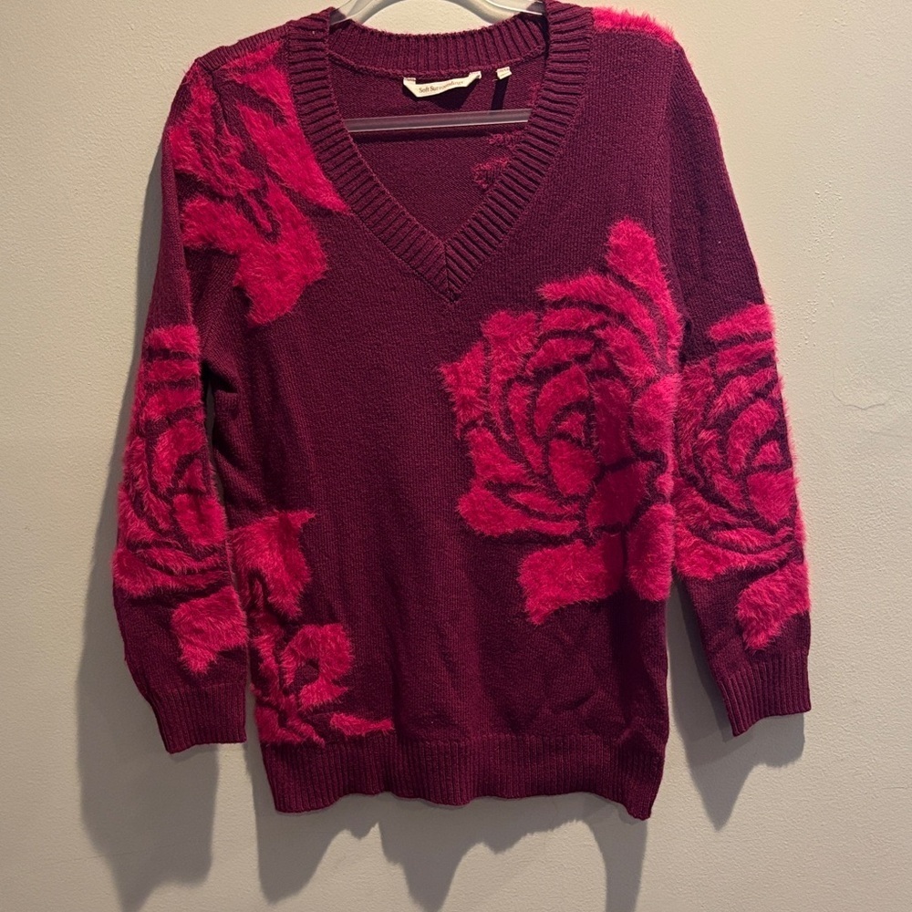 Soft Surroundings V-Neck Sweater - Burgundy and Pink Floral size L